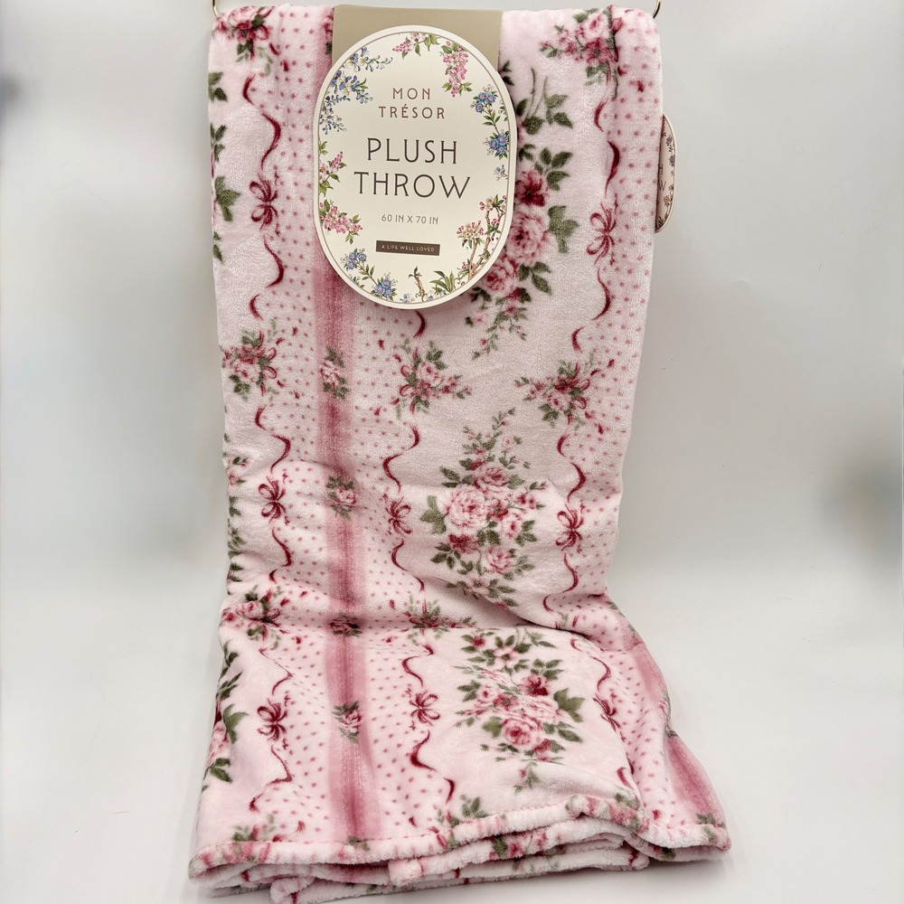 Mon Tresor Plush Throw Blanket Pink Rose Floral LSF Stripe 60x70 NWT Coquette